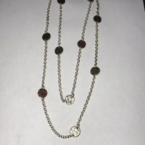 Premier Designs necklace long metal chain with silver and copper discs.